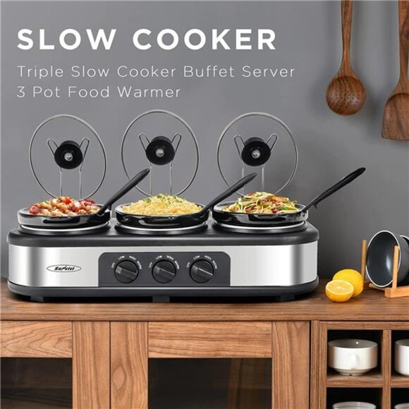 Slow Cooker, Triple Slow Cooker Buffet Server 3 Pot Food Warmer, 3-Section - Picture 6 of 6